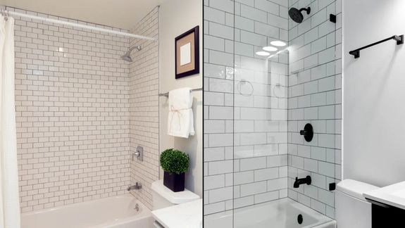 Before-and-after bathroom remodel with a tiled shower in Chicago