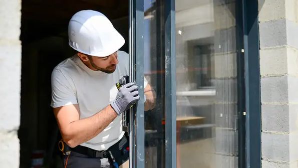 Contractor installing glass panels for a sunroom addition