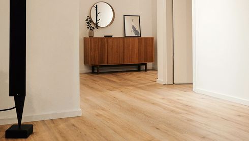 Minimalist hallway with light hardwood flooring and wooden console