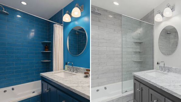 Side-by-side bathroom comparison: blue tiles with a shower curtain and blue vanity on the left; gray tiles with glass shower and gray vanity on the right