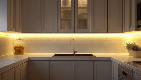 Under‑cabinet lighting highlighting newly refaced kitchen cabinets