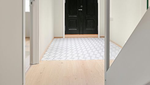Hallway showing transition between wood floor and patterned tile