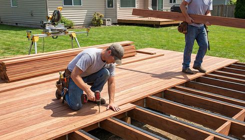 Two workers building a wooden deck