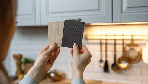 Hands holding cabinet door finish samples in kitchen