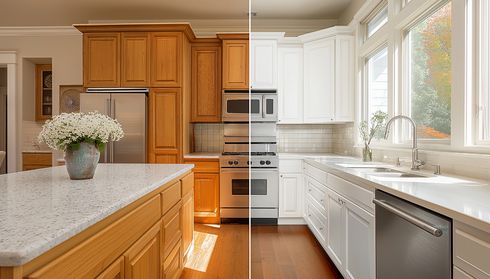 Split image showing old vs new cabinet refacing makeover