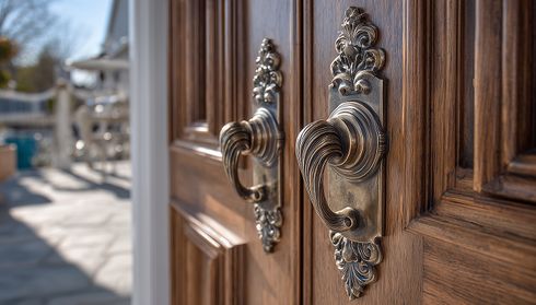 Ornate brass door handles on wooden double doors