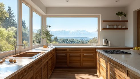 Bright modern kitchen with wooden cabinets and mountain view