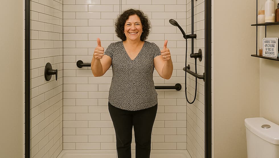 A happy middle-aged woman stands in a new walk-in shower with grab bars, giving a thumbs-up.