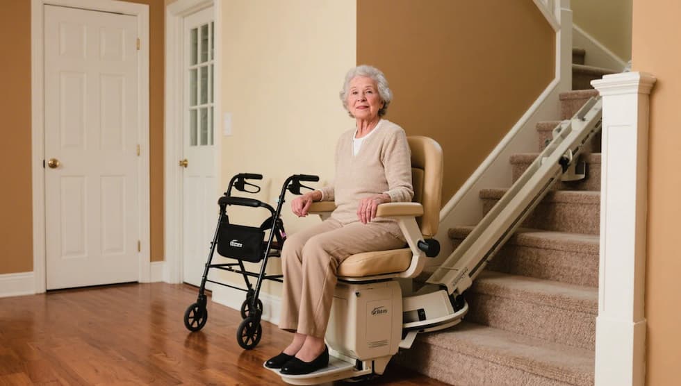 An elderly woman sitting on a stair lift next to a staircase, with a walker beside her.
